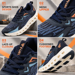 FUEL Sprintx Sports Shoes for Men – Comfortable Mesh Lace-Up Shoes with Cushioned Footbed and Lightweight EVA Sole for Walking, Travel, Workout & Everyday Wear (Navy)