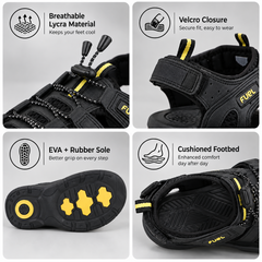 FUEL Commando Comfortable & Breathable Men’s Flexible Fisherman Outdoor Sandals with Protective Toe Cap (Black)