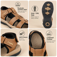 FUEL Commando-1 Comfortable Outdoor & Daily Wear Men’s Flexible Fisherman Rubber Sandals with Protective Toe Cap (Tan)