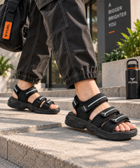 FUEL Keta Chunky Sandals for Men – Comfortable Lycra + Rexine Upper with Velcro Closure, Cushioned Footbed & Lightweight EVA Sole for Casual and Regular Wear (Black)