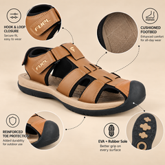 FUEL Commando-1 Comfortable Outdoor & Daily Wear Men’s Flexible Fisherman Rubber Sandals with Protective Toe Cap (Tan)