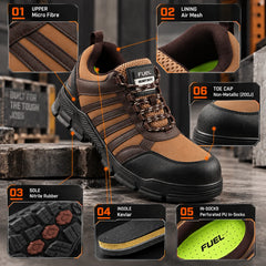 FUEL Reevon-03 Safety Shoes for Men | 200J Non-Metallic Toe Cap | Kevlar Insole | Nitrile Rubber Sole | Micro Fibre Upper | Air Mesh Lining | Industrial & Work Shoes