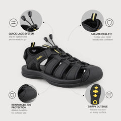 FUEL Commando Comfortable & Breathable Men’s Flexible Fisherman Outdoor Sandals with Protective Toe Cap (Black)