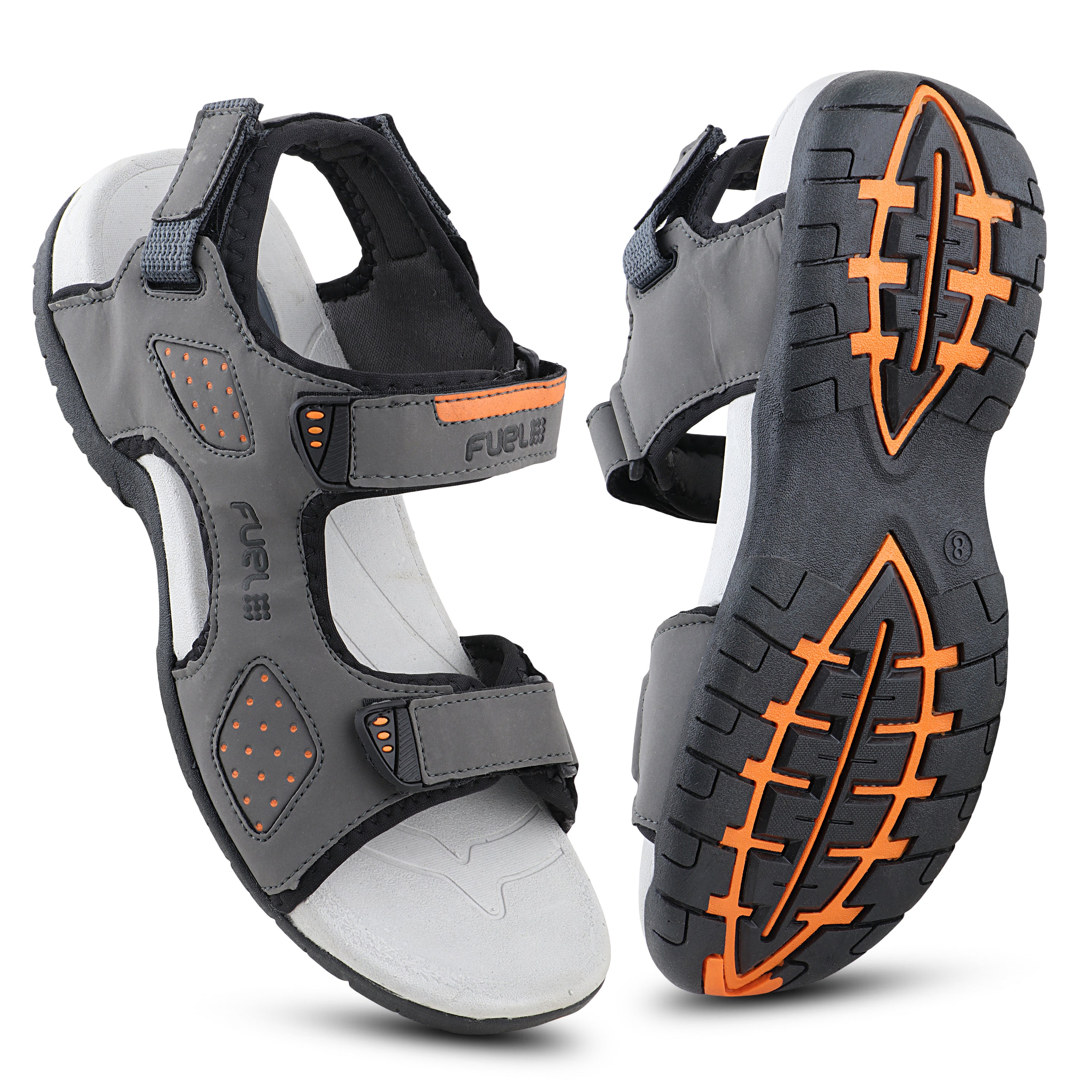FUEL 2112-07 Tough Grip Sole with Breathable Design and Adjustable Velcro Sports Sandals (Grey-Orange)