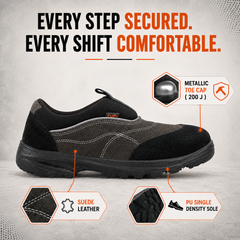 FUEL Slip-on Industrial PU Single Density Sole Safety Shoes for Men with 200J Steel Toe (Black)