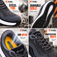 FUEL Adam Men's Protective Safety Shoes | Steel Toe | Flexible EVA + Rubber Sole | Industrial, Factory & Warehouse Shoes (Black)