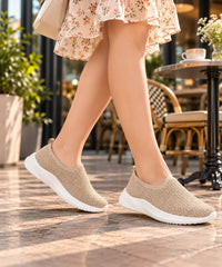 FUEL Nayasa-02 Women’s Slip-On Shoes – Modern Casual Design with Soft Knitted Upper, Cushioned Footbed and Sturdy PVC Sole for Everyday Comfort (Beige)