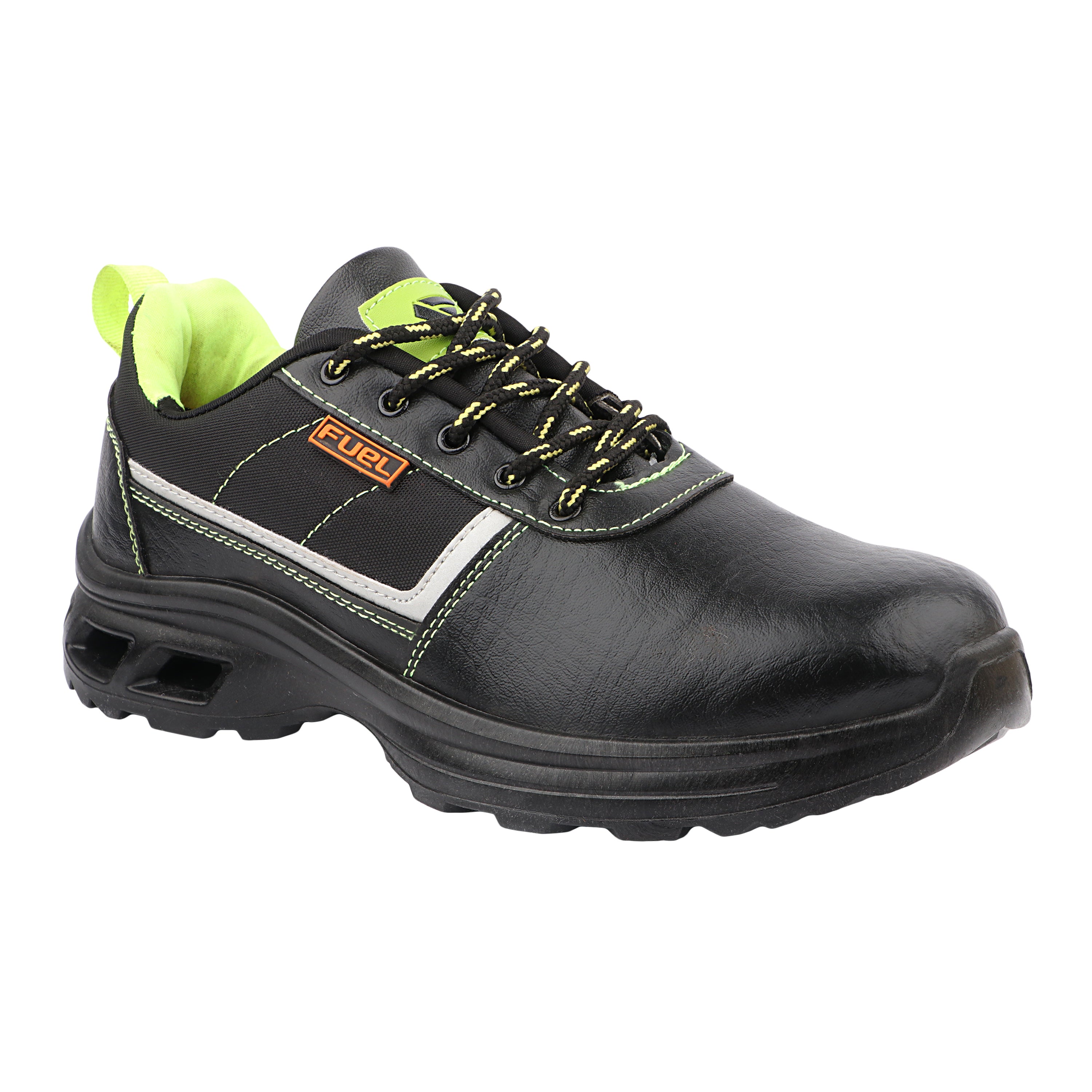 FUEL Carbon Steel Toe Safety Shoes – 100J Impact Protection, Rexine & Fabric Upper, Industrial Work Shoes (Black)