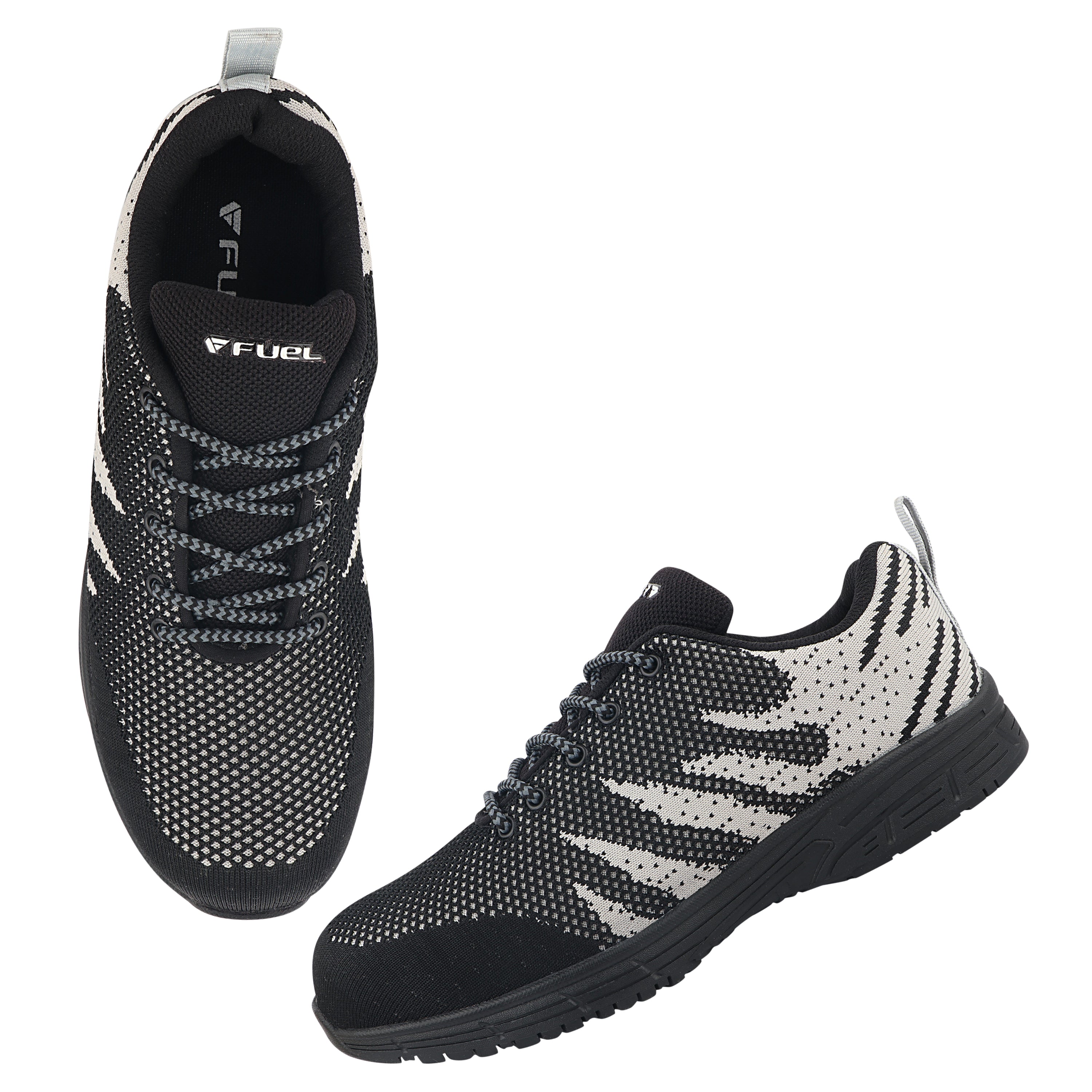 Fuel Gracy Sporty Design Knitted Fabric Breathable Mesh Lining Safety Shoes for Men's Steel Toe Cap With Rubber Sole (Blk-Grey)