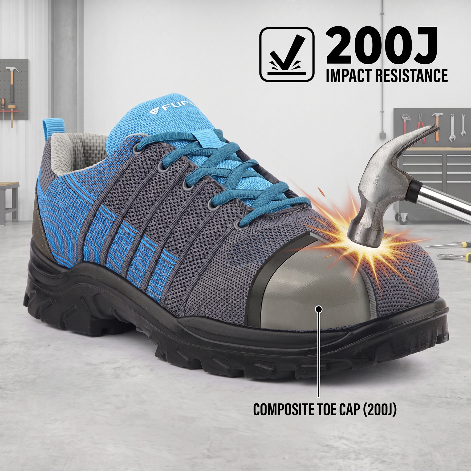 FUEL Aqua Knitted Upper in  PU Sole with 200J Composite Toe Lightweight Industrial Work Safety Shoes for Men (Blue)