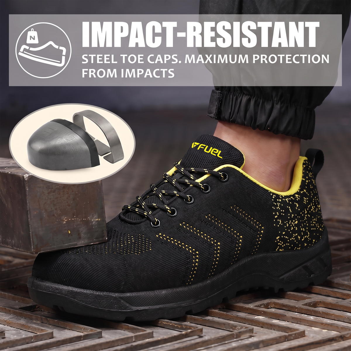 FUEL Arsenal Lightweight Safety Shoes for Men – Durable Industrial Sports Design with Strong Knitted Upper, PVC Sole, and 100J Metallic Toe Cap (UK 6–11)