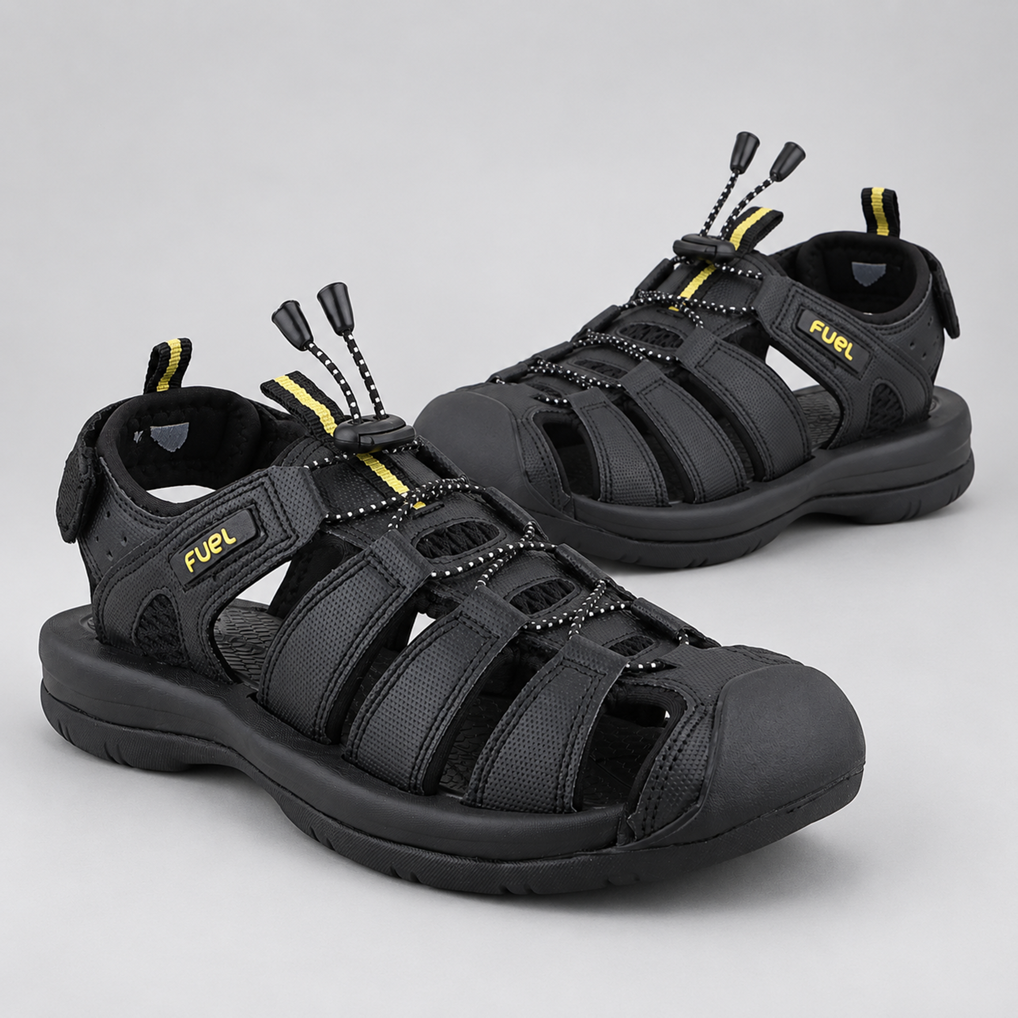 FUEL Commando Comfortable & Breathable Men’s Flexible Fisherman Outdoor Sandals with Protective Toe Cap (Black)