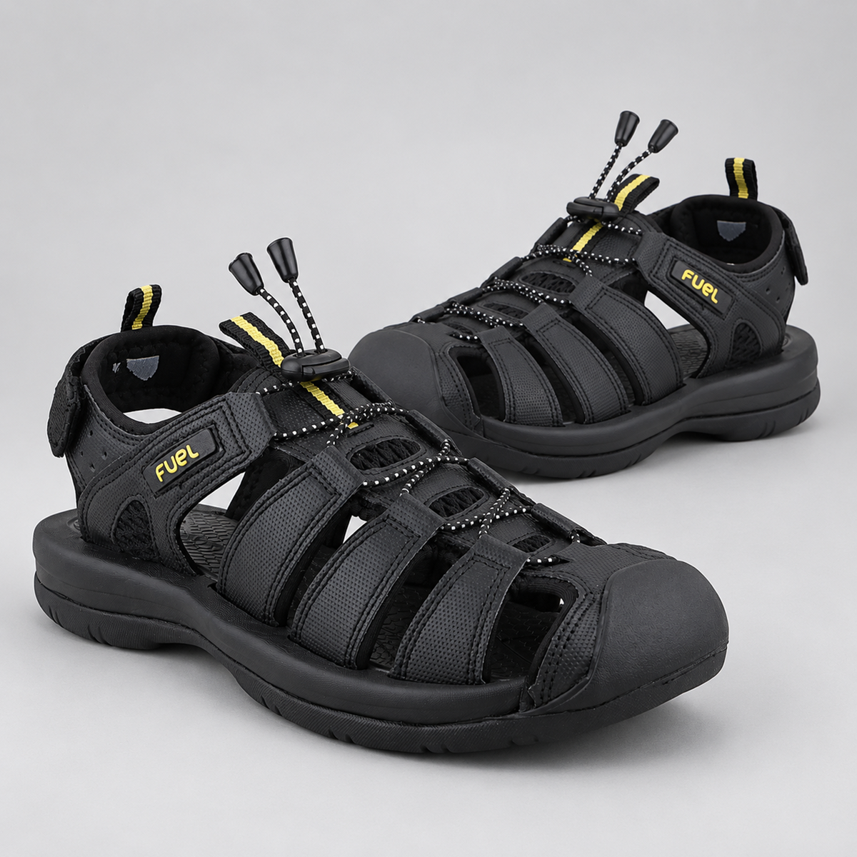 FUEL Commando Comfortable & Breathable Men’s Flexible Fisherman Outdoor Sandals with Protective Toe Cap (Black)