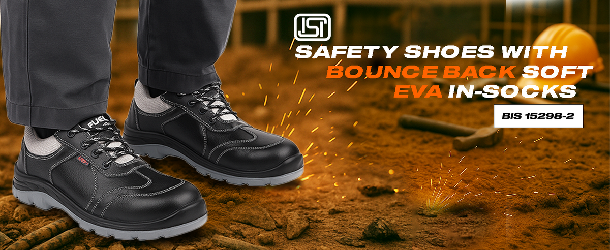 FUEL Stroid-DD  PU Single Density Industrial Sole Safety Shoes for Men with 200J Steel Toe (Black)