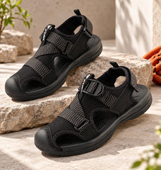 FUEL Commando-02 Fishermen Sandals for Men | Mesh + Lycra Upper | Cushioned Footbed | Velcro Closure (Black)