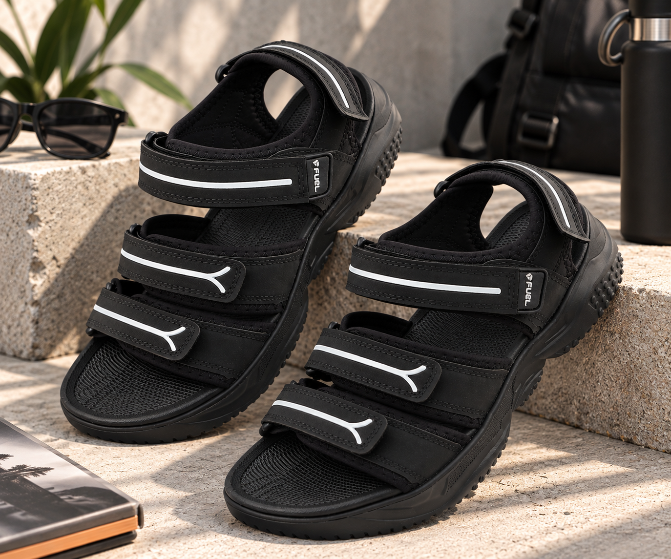 FUEL Keta Chunky Sandals for Men – Comfortable Lycra + Rexine Upper with Velcro Closure, Cushioned Footbed & Lightweight EVA Sole for Casual and Regular Wear (Black)