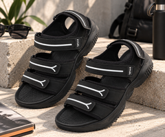 FUEL Keta Chunky Sandals for Men – Comfortable Lycra + Rexine Upper with Velcro Closure, Cushioned Footbed & Lightweight EVA Sole for Casual and Regular Wear (Black)