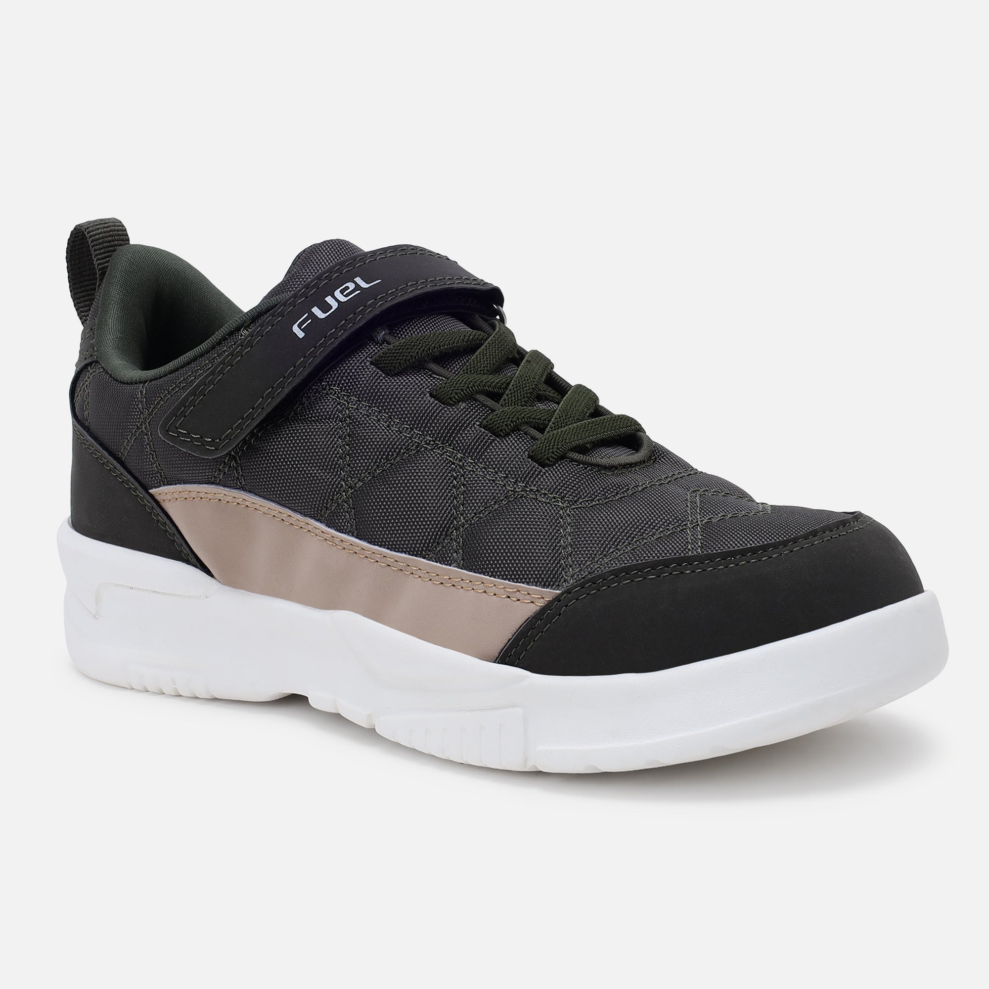 FUEL Tengo Kids Shoes for Boys and Girls, Rexine and Mesh Casual Sneakers with Lightweight EVA Sole, Comfortable and Stylish Footwear for Daily Wear, School, Walking, Outdoor Activities and Everyday Use. (Olive,Beige)