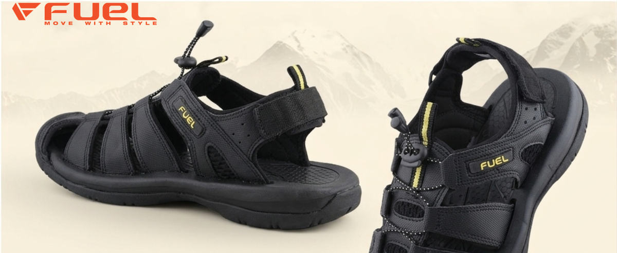 FUEL Commando Comfortable & Breathable Men’s Flexible Fisherman Outdoor Sandals with Protective Toe Cap (Black)