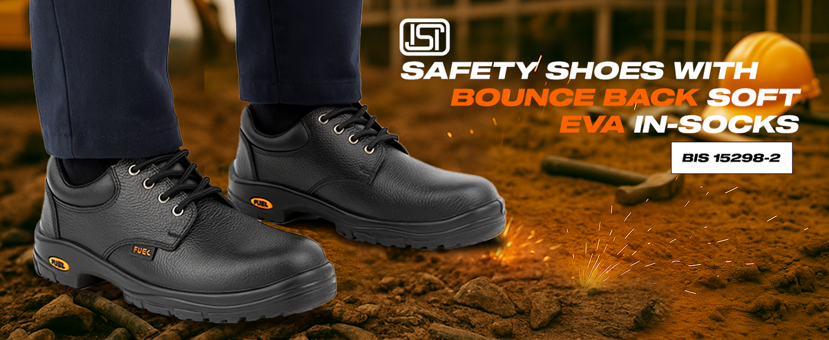 FUEL Falcon-01 Genuine Leather Industrial Safety Shoes for Men's with Steel Toe Cap in Single Density PU Sole (Black)