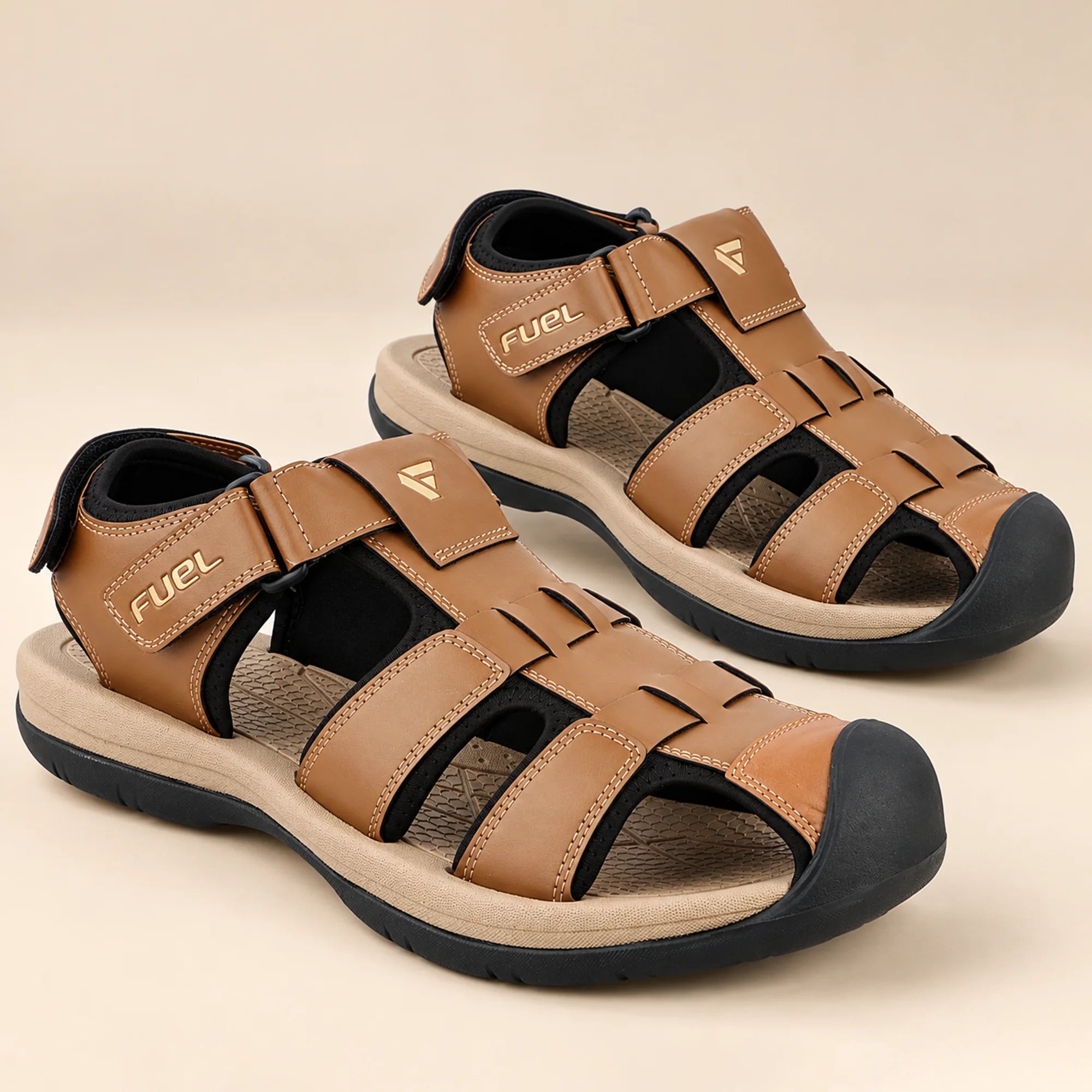 FUEL Commando-1 Comfortable Outdoor & Daily Wear  Men’s Flexible Fisherman Rubber Sandals with Protective Toe Cap (Tan)
