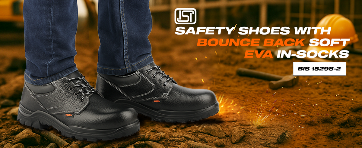 FUEL Gorilla Grain Leather Industrial PU Single Density Safety Shoes for Men's (Black)