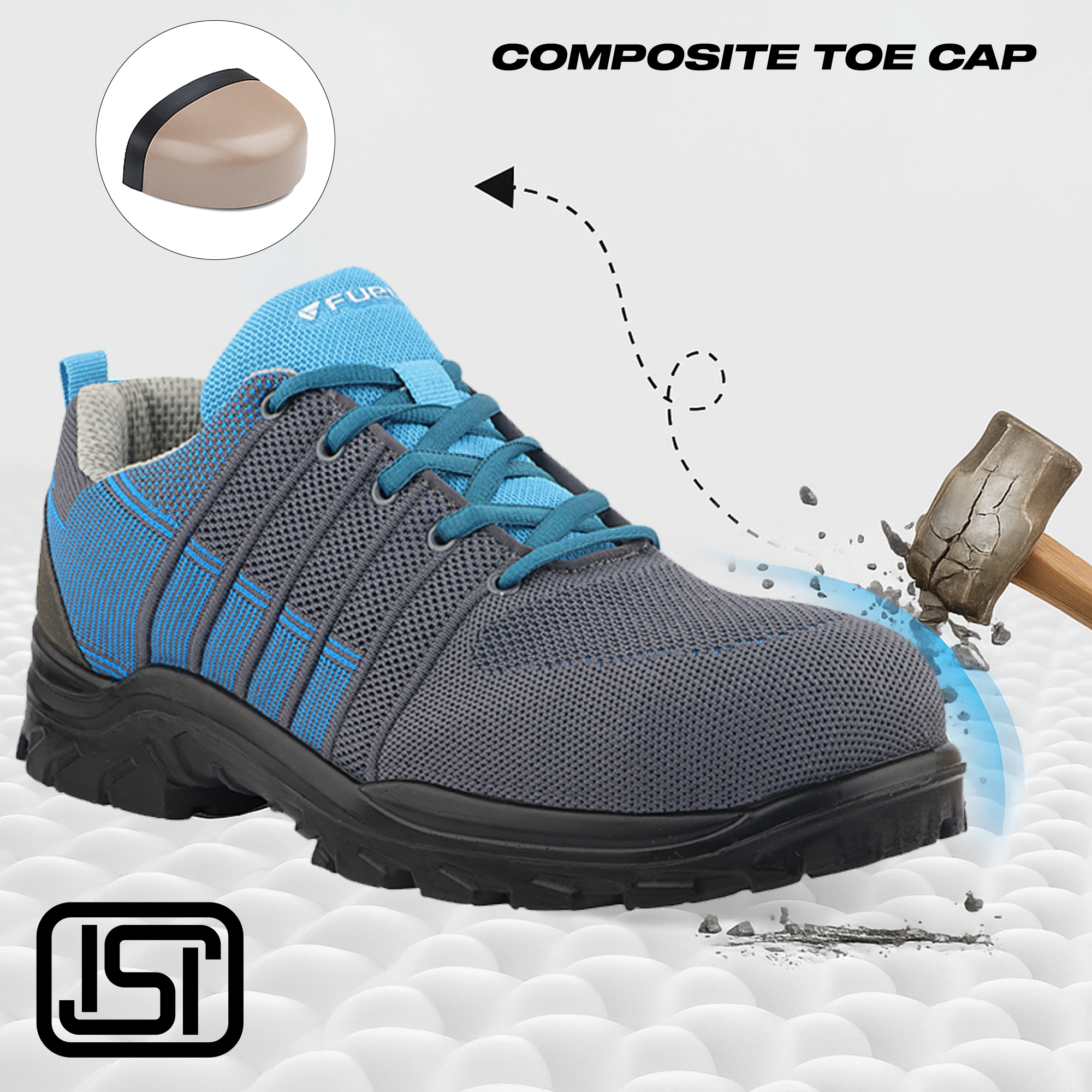 FUEL Aqua Composite Toe Safety Shoes for Men – 200J Rated, Knitted Upper, PU Sole, Lightweight Industrial Work Shoes (Blue)