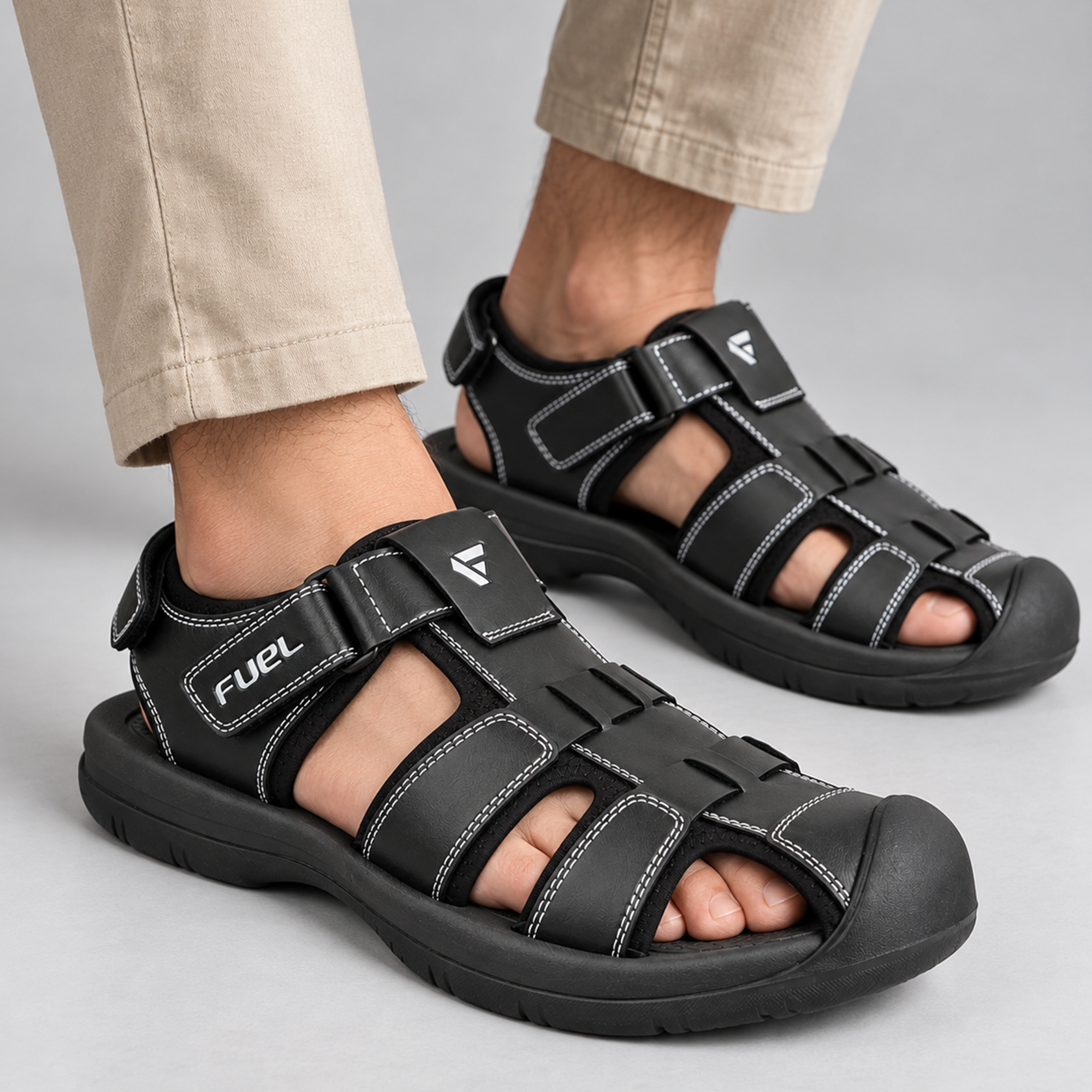 FUEL Commando-1 Comfortable Outdoor & Daily Wear  Men’s Flexible Fisherman Rubber Sandals with Protective Toe Cap (Black)