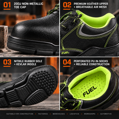 FUEL Reevon-04 Industrial Safety Shoes for Men | 200J Non-Metallic Toe Cap | Leather Upper | Kevlar Insole | Nitrile Rubber Outsole | Perforated PU In-Socks | Work Shoes