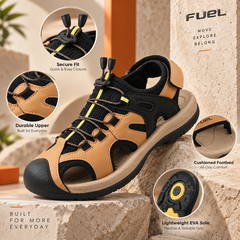FUEL Commando-03 Fishermen Sandals | Mesh + Rexine Upper | EVA + Rubber Sole | Cushioned Footbed | Adjustable Velcro Closure (Tan)
