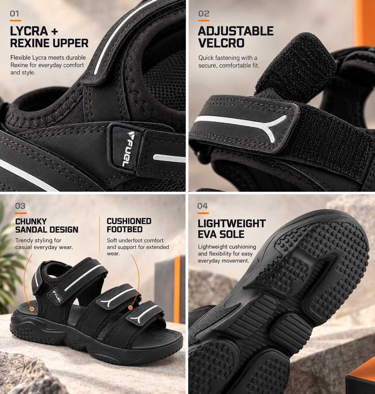 FUEL Keta Chunky Sandals for Men – Comfortable Lycra + Rexine Upper with Velcro Closure, Cushioned Footbed & Lightweight EVA Sole for Casual and Regular Wear (Black)
