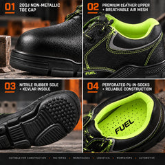 FUEL Reevon-04 Industrial Safety Shoes for Men | 200J Non-Metallic Toe Cap | Leather Upper | Kevlar Insole | Nitrile Rubber Outsole | Perforated PU In-Socks | Work Shoes