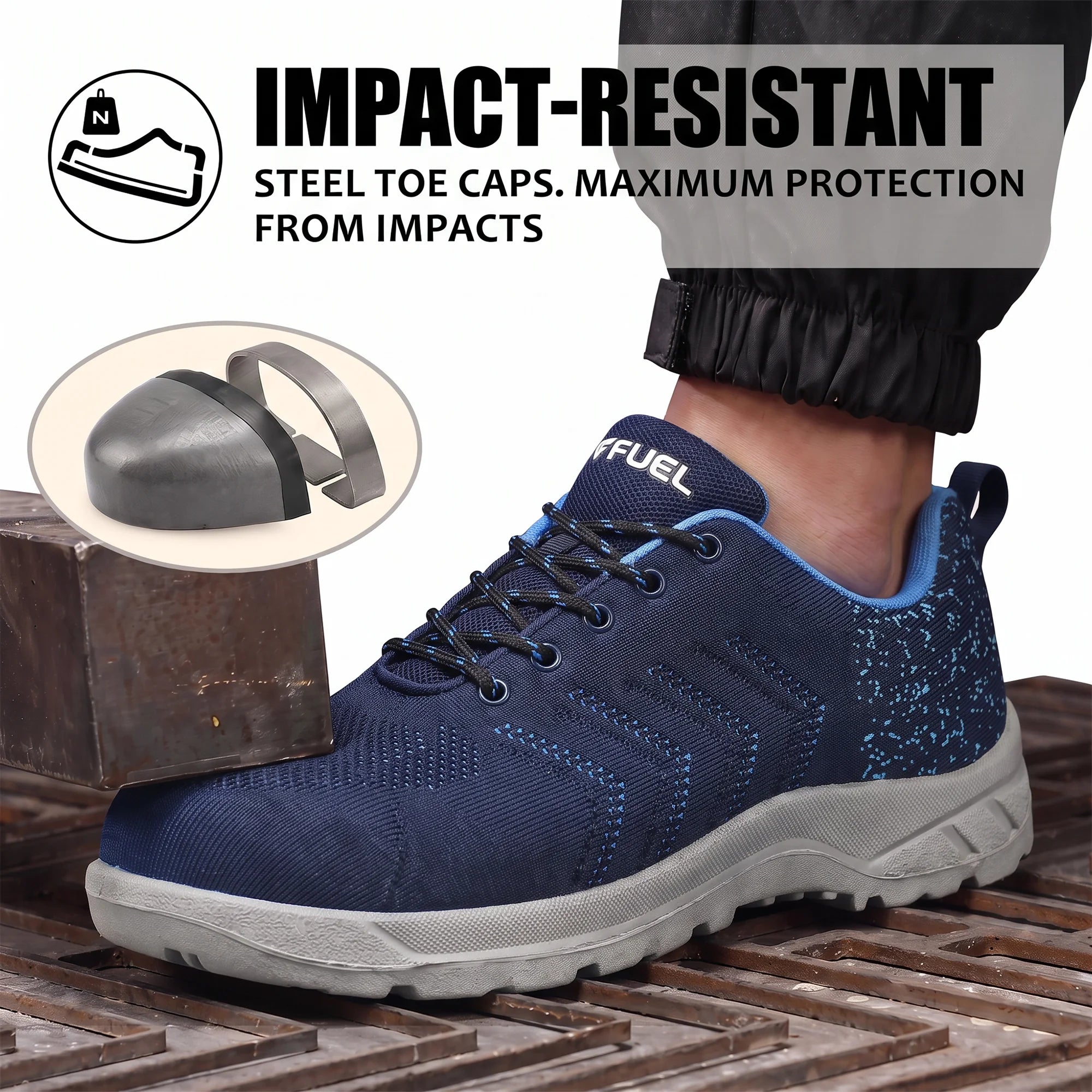 FUEL Arsenal Lightweight Safety Shoes for Men – Durable Industrial Sports Design with Strong Knitted Upper, PVC Sole, and 100J Metallic Toe Cap (UK 6–11)