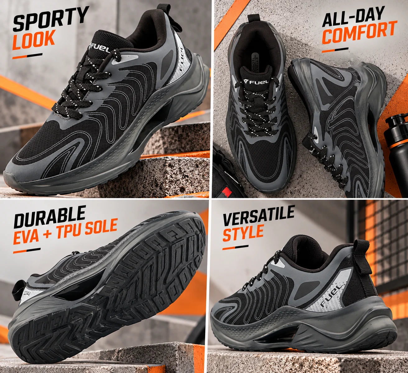 FUEL Cave Lightweight & Breathable with Comfortable Cushioning & Modern Style Sports Shoes for Men's (Black)