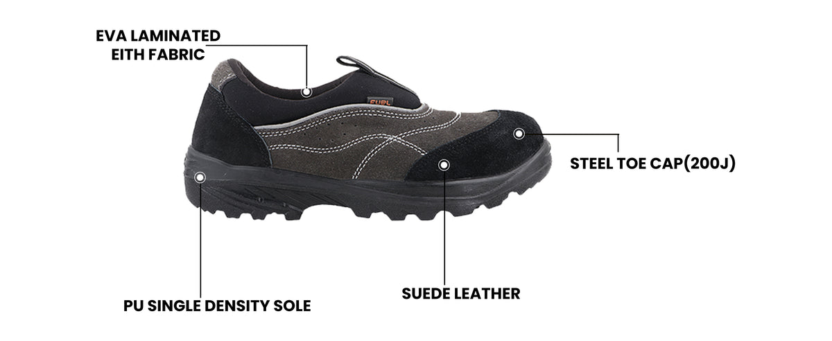 FUEL Slip-on Industrial PU Single Density Sole Safety Shoes for Men with 200J Steel Toe (Black)