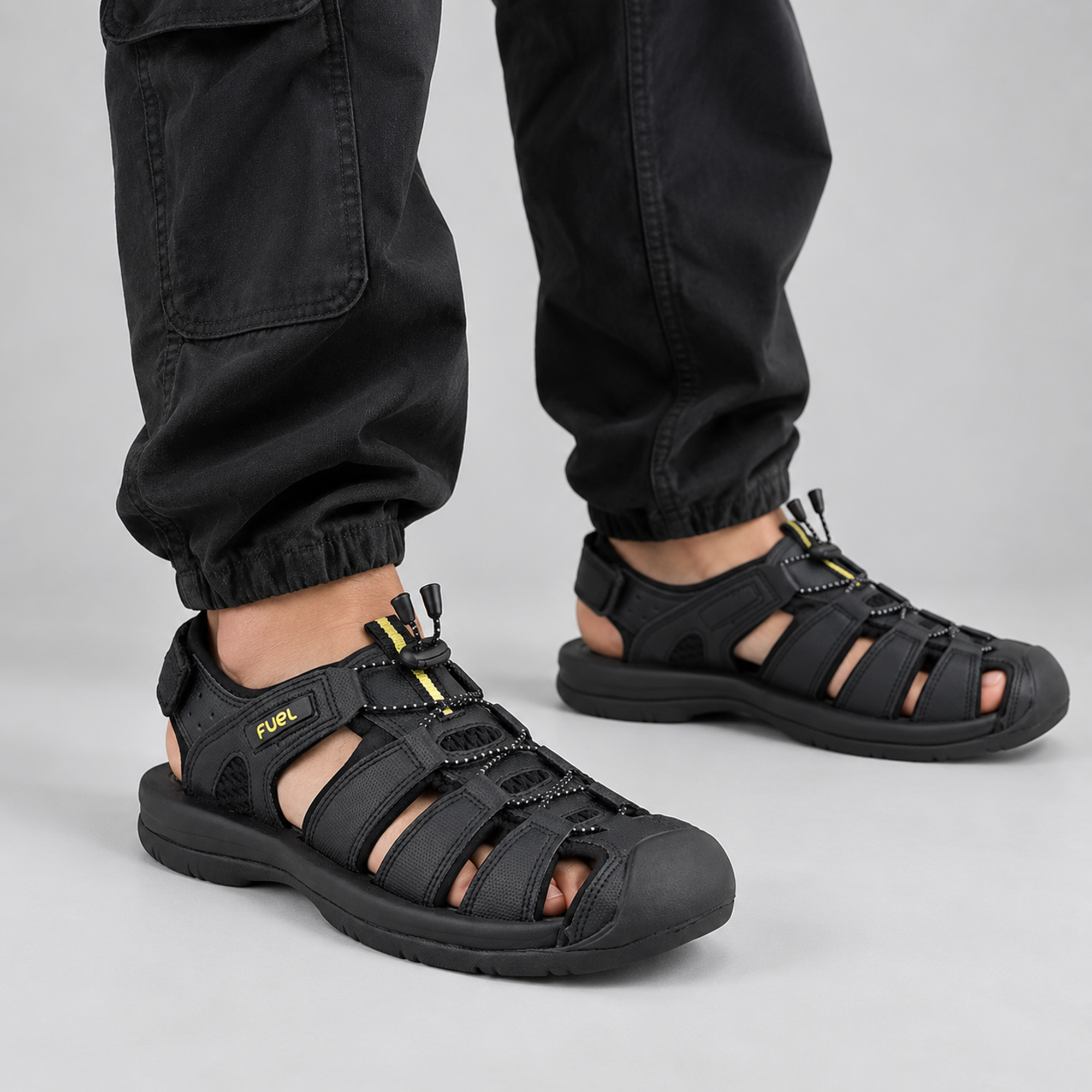 FUEL Commando Comfortable & Breathable Men’s Flexible Fisherman Outdoor Sandals with Protective Toe Cap (Black)