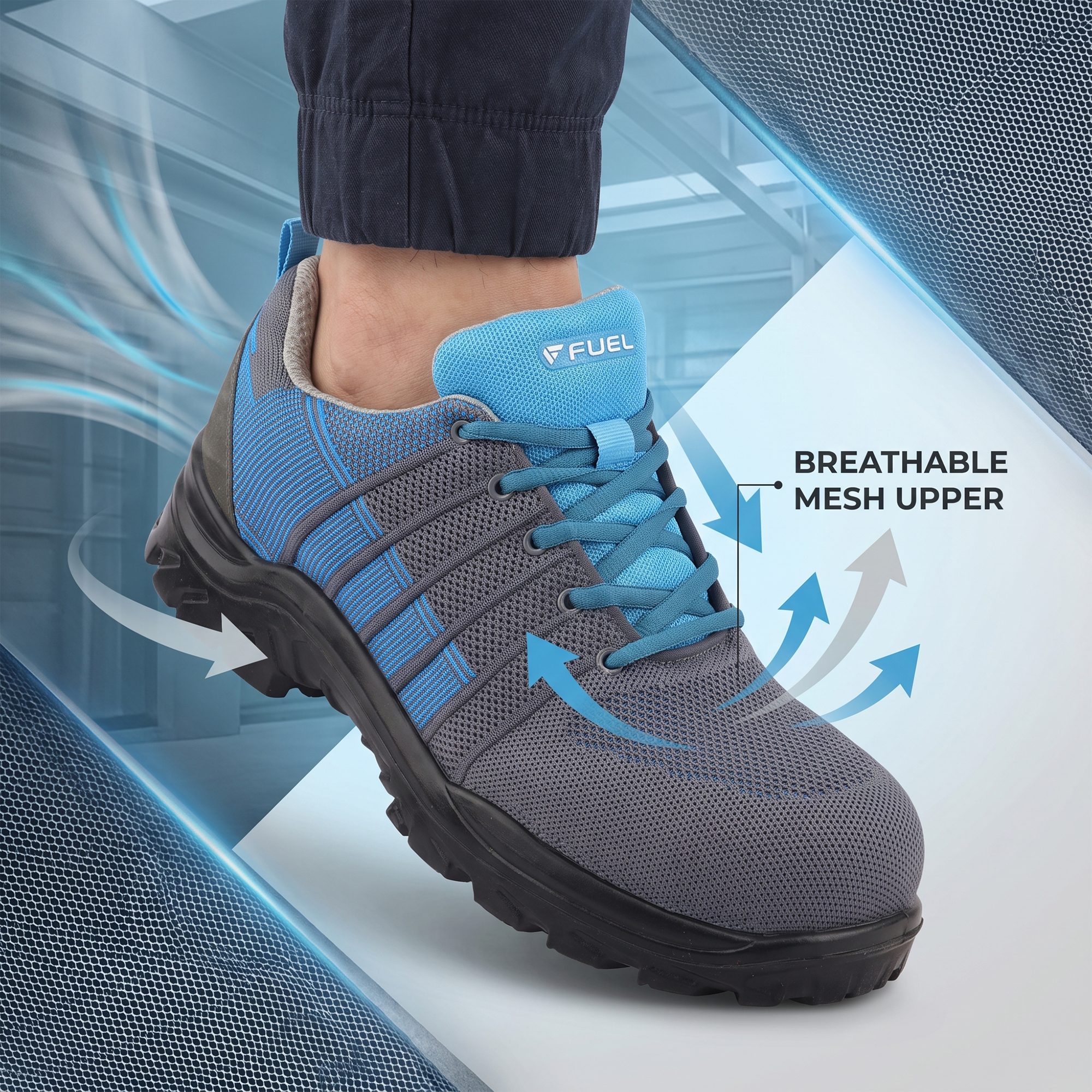 FUEL Aqua Knitted Upper in  PU Sole with 200J Composite Toe Lightweight Industrial Work Safety Shoes for Men (Blue)