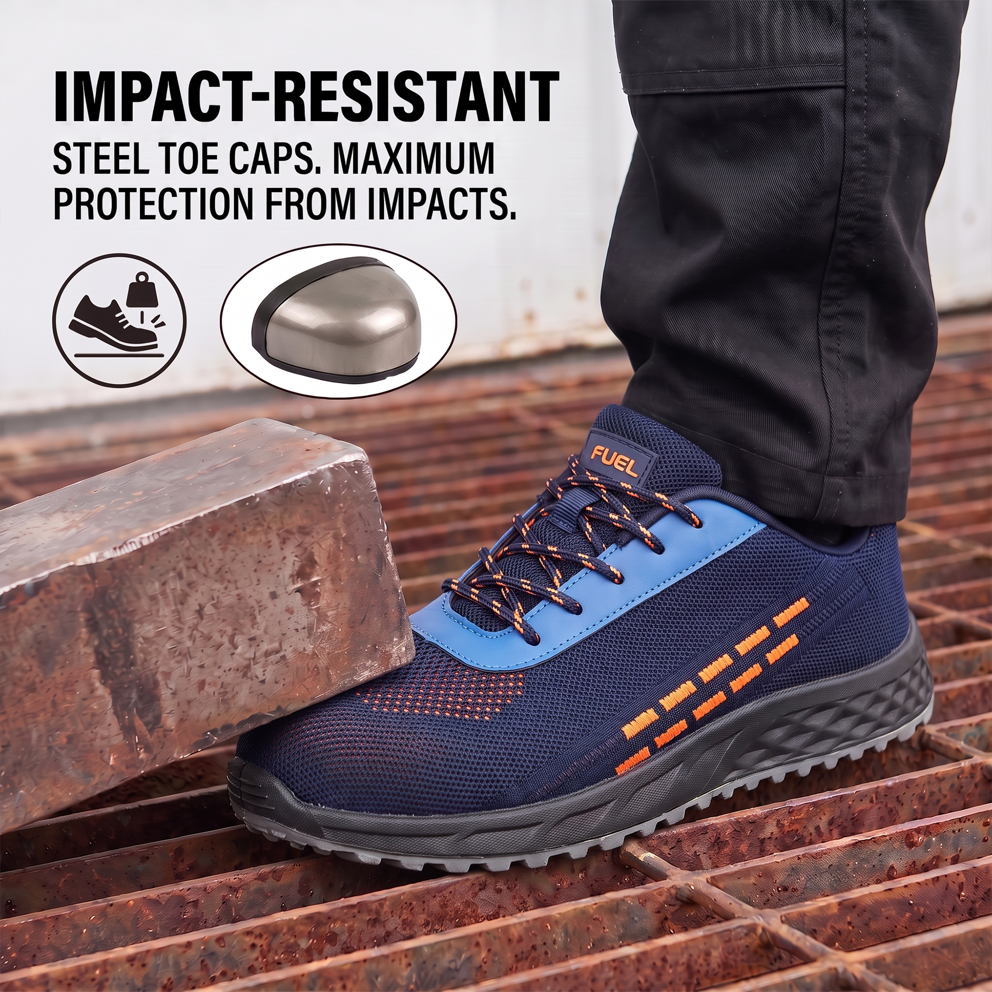 FUEL Armour 1 DD ISI Marked Strong Knitting Upper Breathable Safety Shoes for Men's Steel Toe Cap With Double Density Rubberized PVC Sole (Navy)