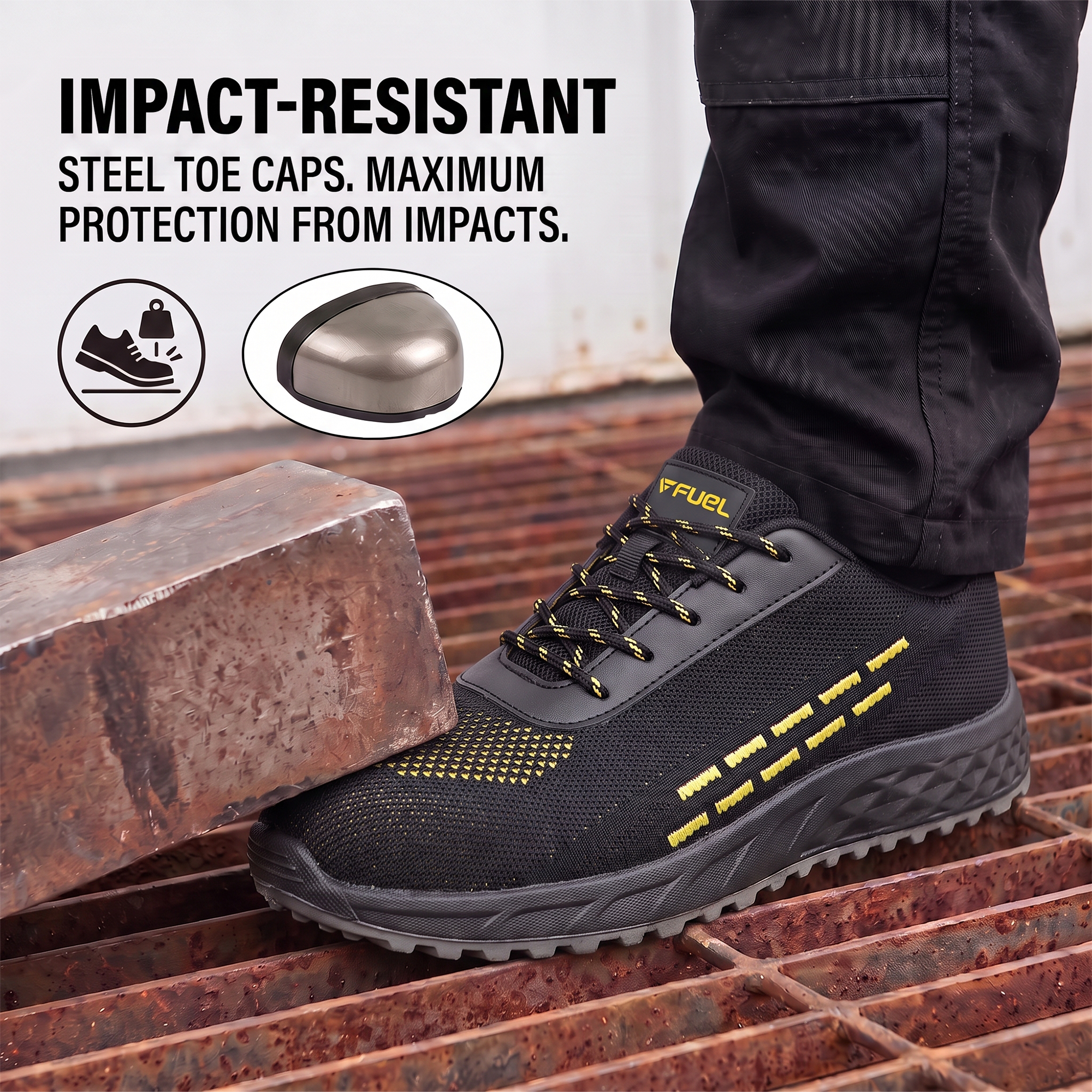 FUEL Armour 1 DD ISI Marked Strong Knitting Upper Breathable Safety Shoes for Men's Steel Toe Cap With Double Density Rubberized PVC Sole (Black)