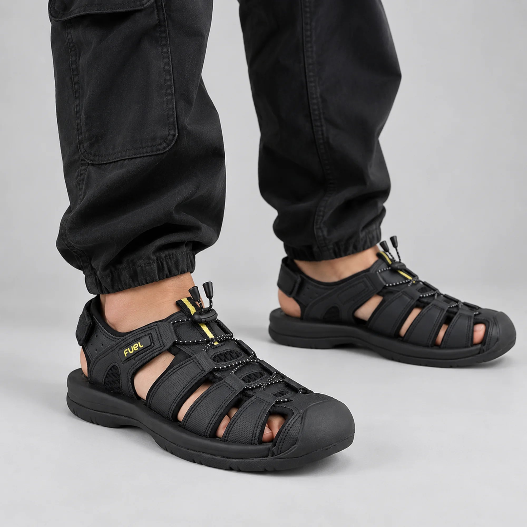 FUEL Commando Comfortable & Breathable Men’s Flexible Fisherman Outdoor Sandals with Protective Toe Cap (Black)