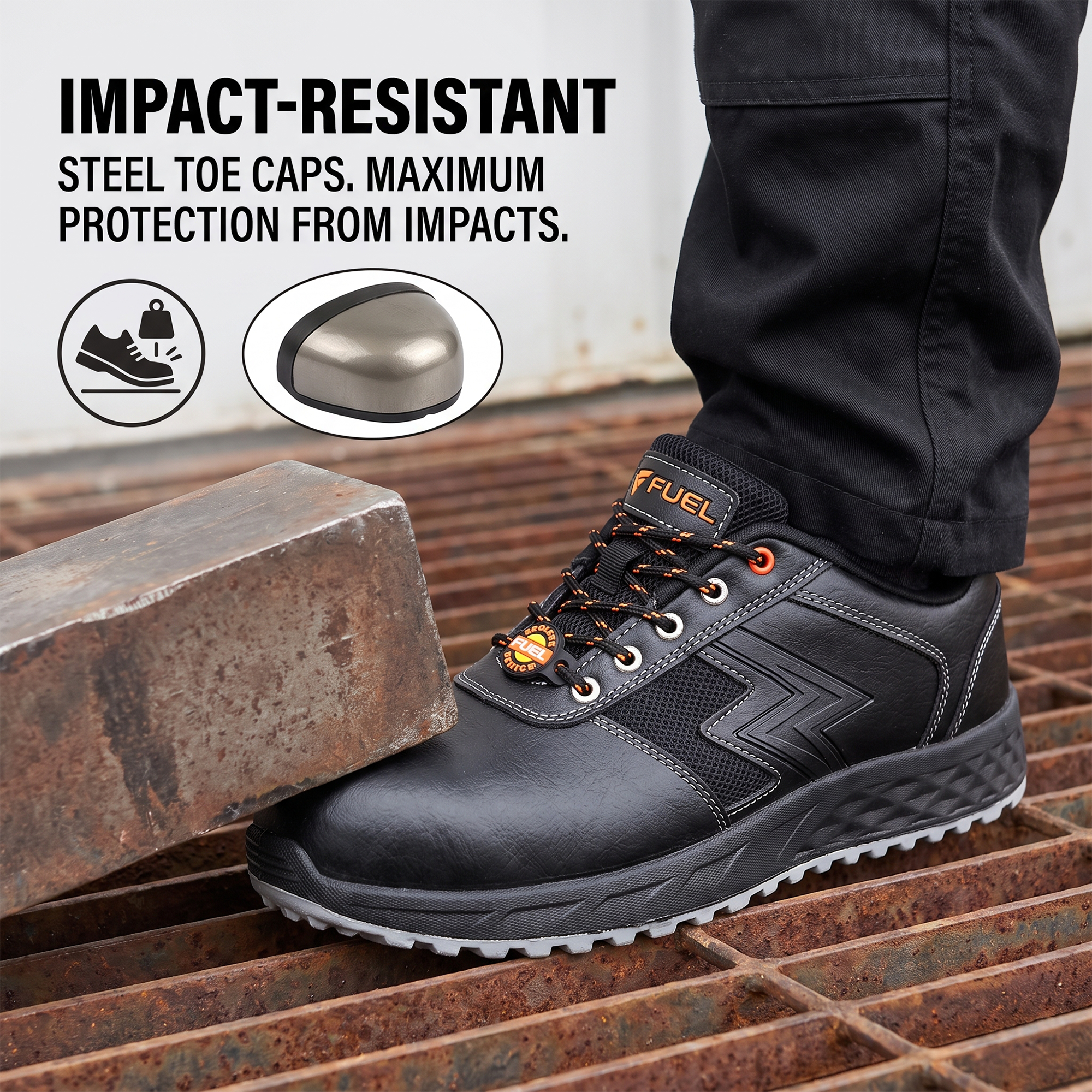 FUEL Gravix Synthetic Upper & PVC double density Sole Industrial Steel Toe Safety Shoes for Men (Black)