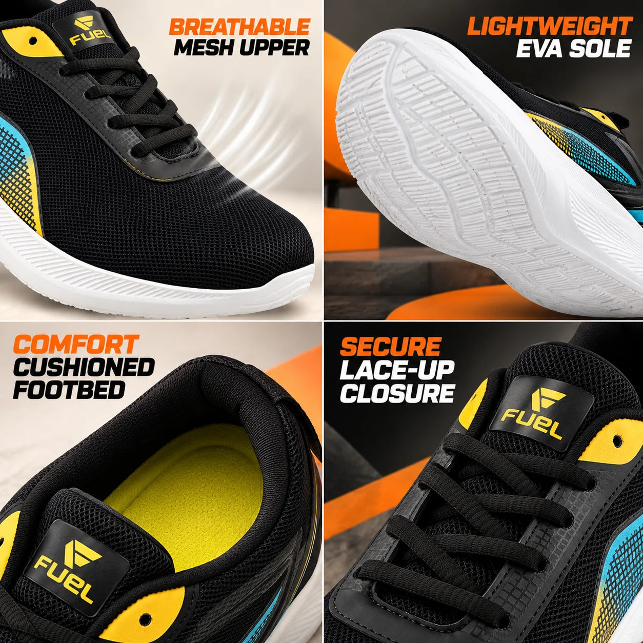 FUEL Rainbow Comfortable and light-weight Sports Shoes For Men (Black)