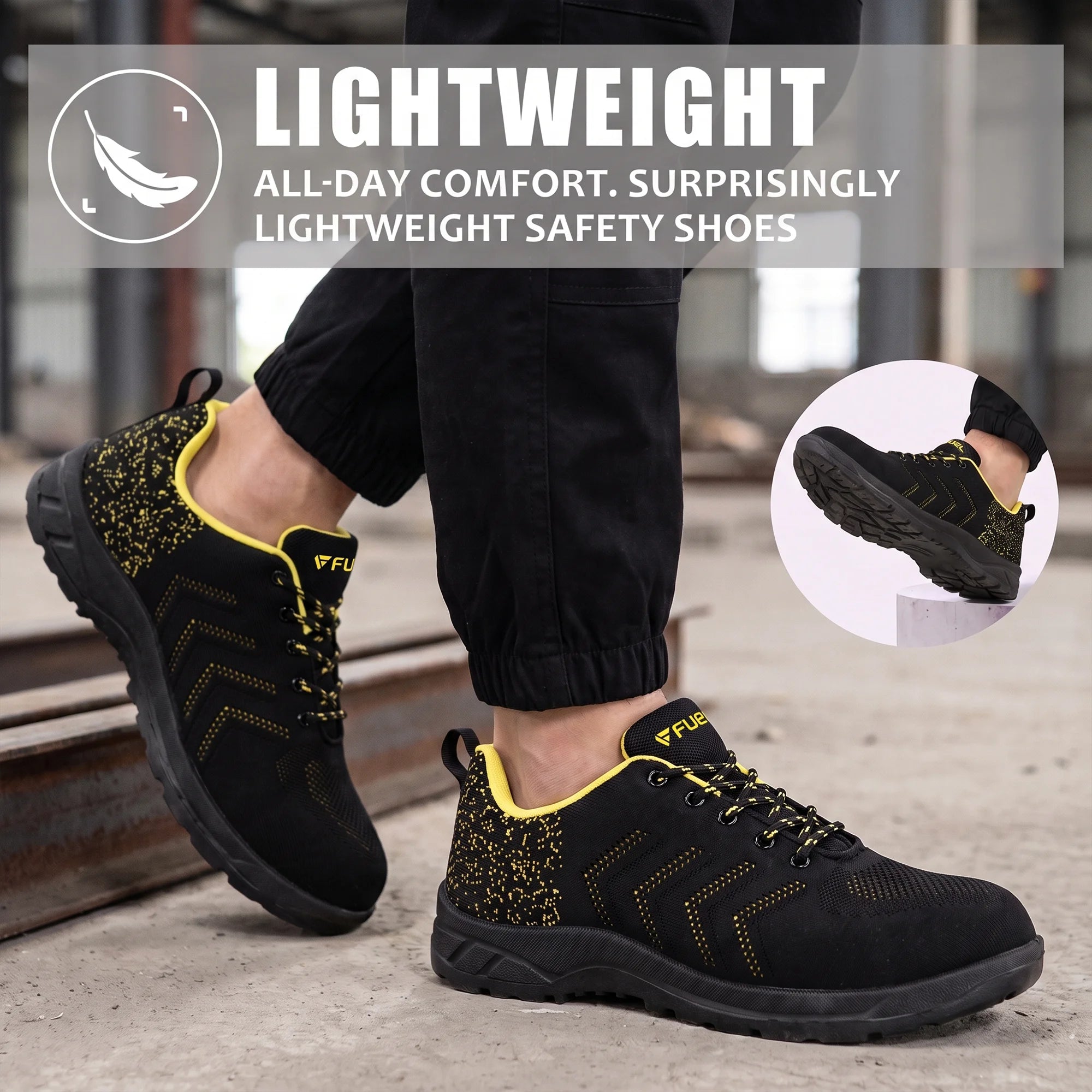 FUEL Arsenal Lightweight Safety Shoes for Men – Durable Industrial Sports Design with Strong Knitted Upper, PVC Sole, and 100J Metallic Toe Cap (UK 6–11)