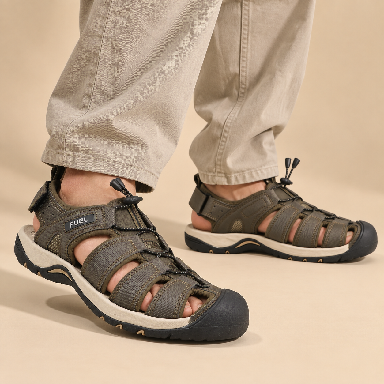 FUEL Soldier-08 Fisherman Protective Toe Cap Sandals for Men (Olive)