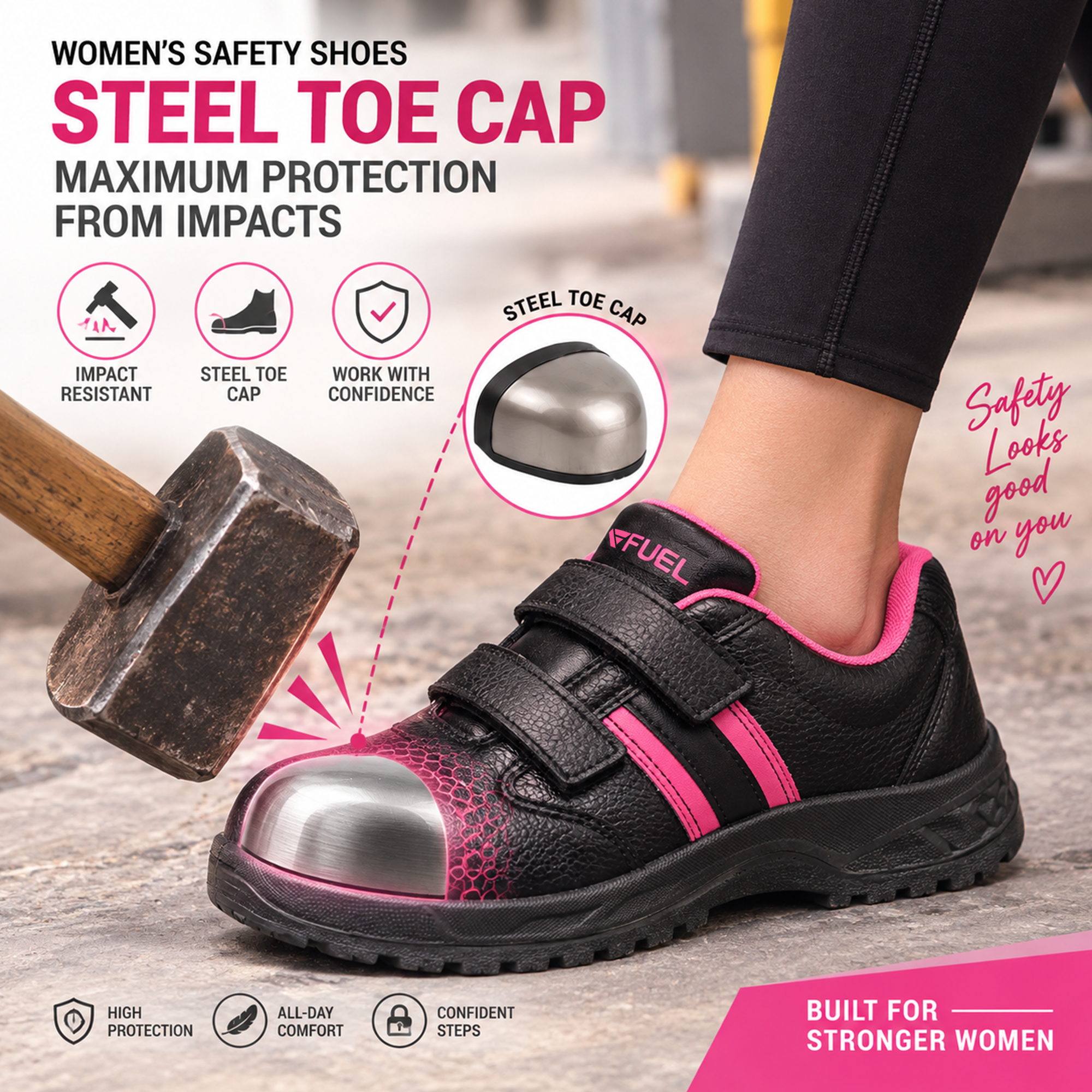 FUEL Riga Leather Safety Shoes for Women's Steel Toe Cap With Single Density PVC Sole (Pink)