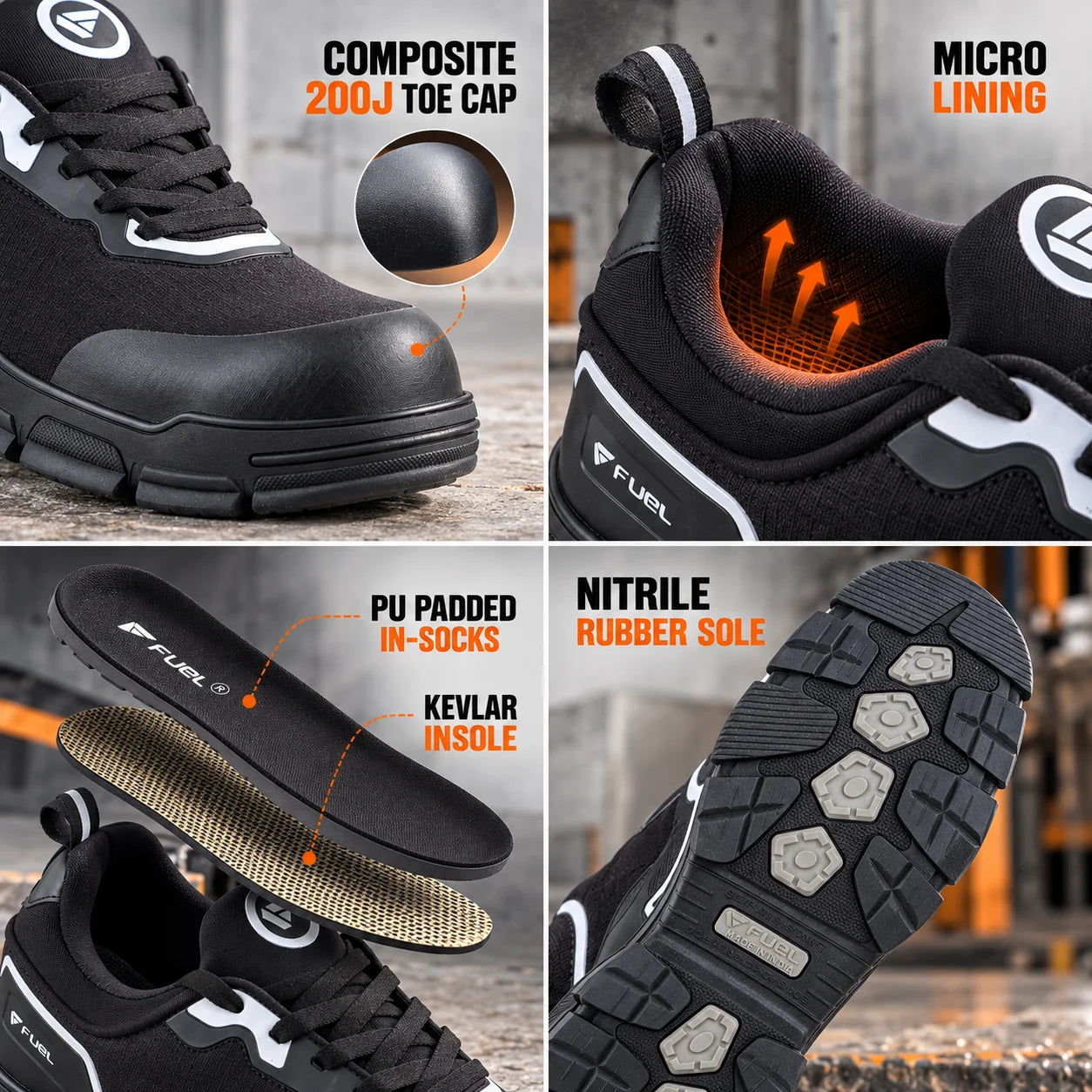 FUEL Reevon-01 Fabric Upper with Nitrile Rubber Sole Safety Shoes in 200J Composit Toe Cap (Black)