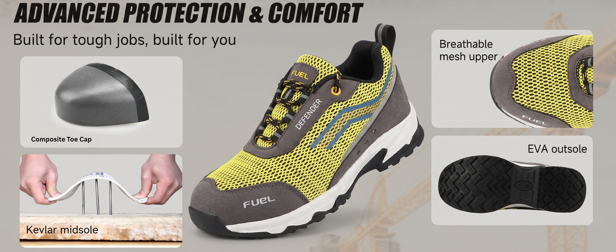 FUEL Defender EVA+Rubber Anti-Slip Sole and Breathable Mesh Upper with Lightweight Composite Toe Lace-Up Industrial Work Safety Shoes for Men's (Black)