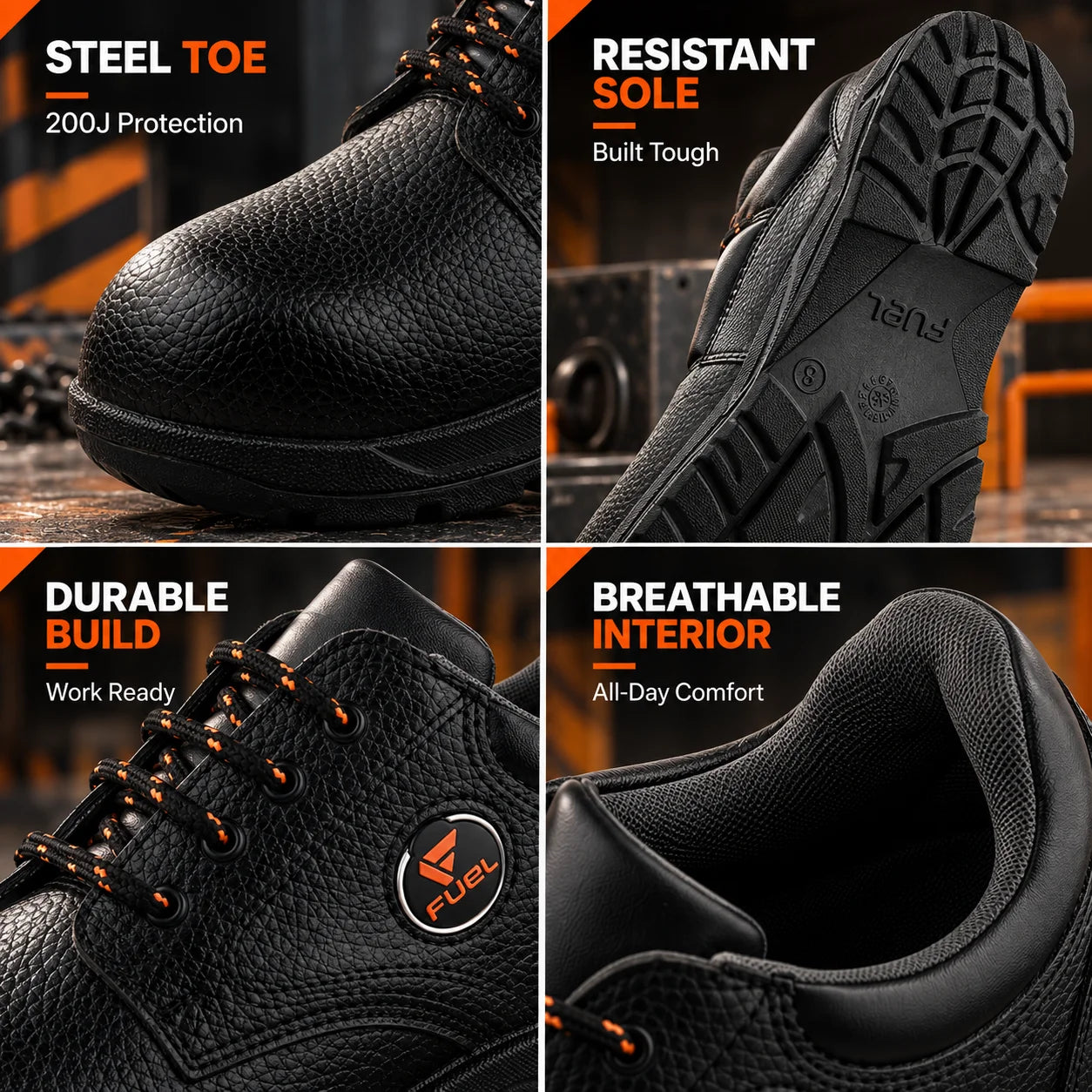 FUEL Arsenal LC Genuine Leather Safety Shoes for Men's Steel Toe Cap With Single Density PVC Sole (Black)