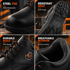 FUEL Arsenal LC Genuine Leather Safety Shoes for Men's Steel Toe Cap With Single Density PVC Sole (Black)