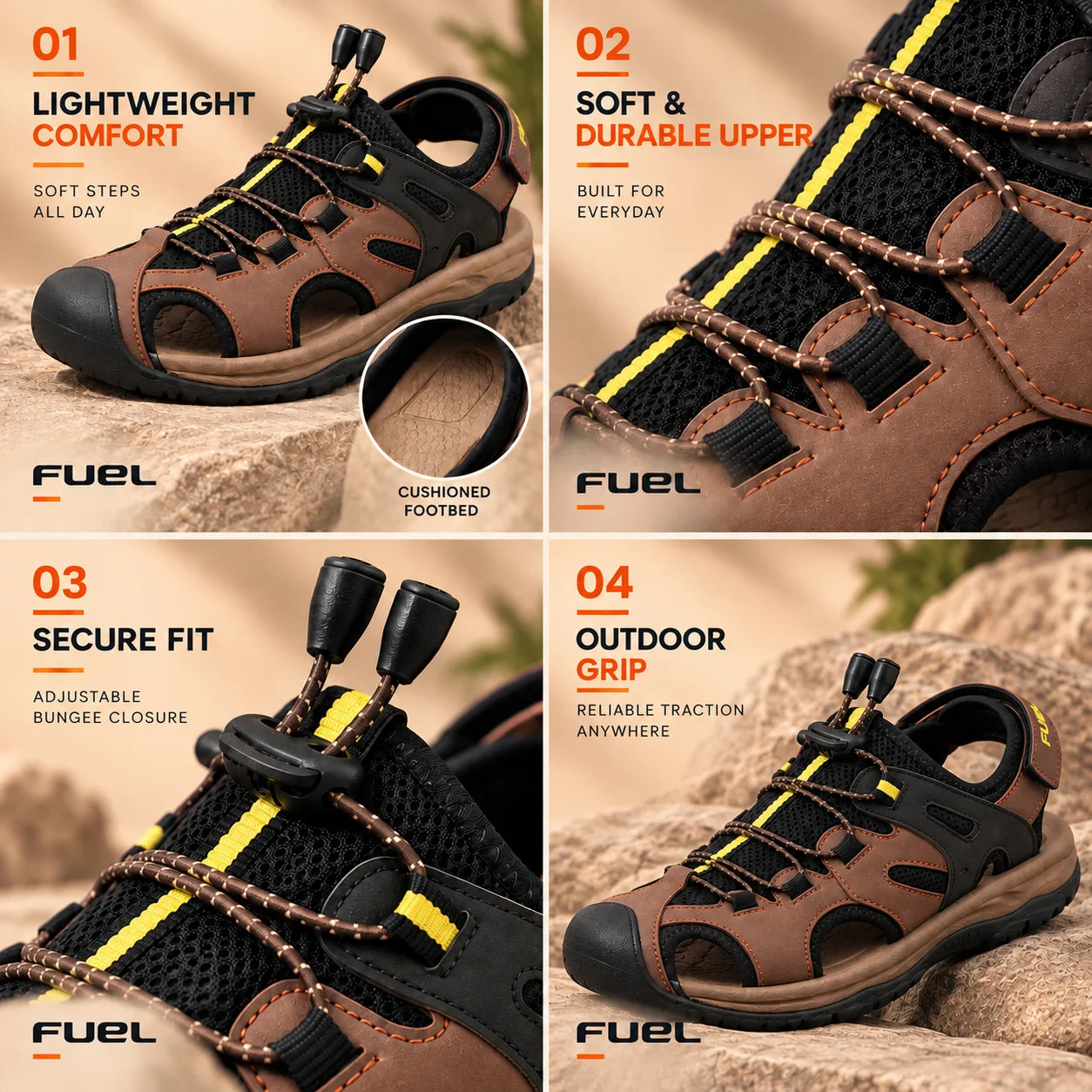 FUEL Commando-03 Fishermen Sandals | Mesh + Rexine Upper | EVA + Rubber Sole | Cushioned Footbed | Adjustable Velcro Closure (Brown)